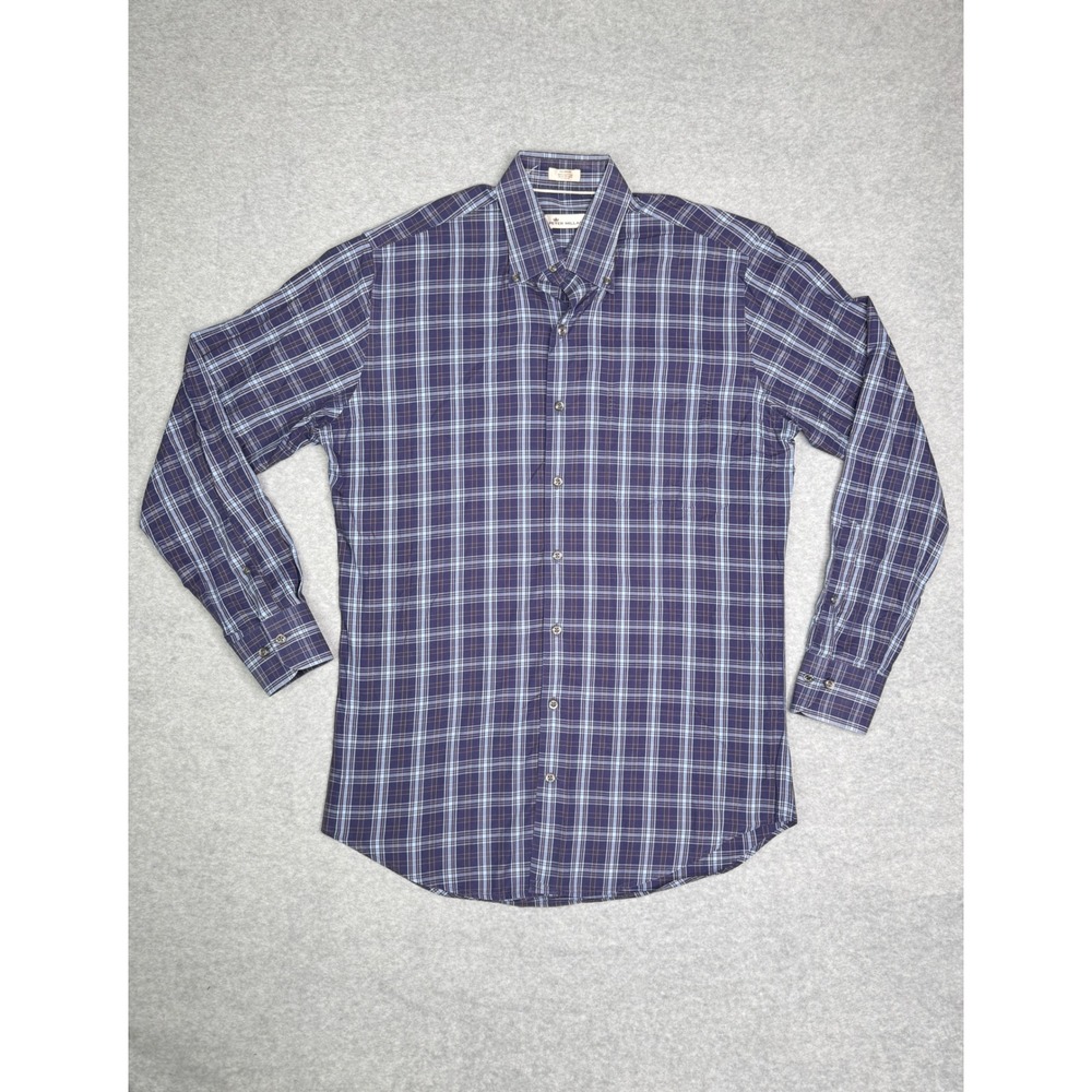 Peter Millar Mens Medium Blue Plaid Cotton Button Down Long Sleeve Shirt Golf